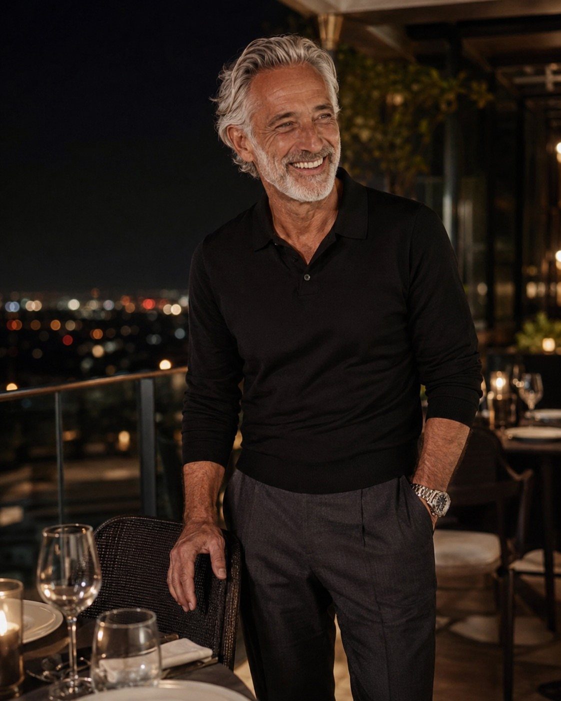 A smiling older man with grey hair wearing a black polo shirt and dark trousers outdoors at night.