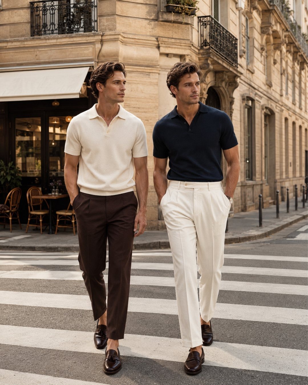 Two men walking in a city wearing polo shirts, trousers, and loafers.