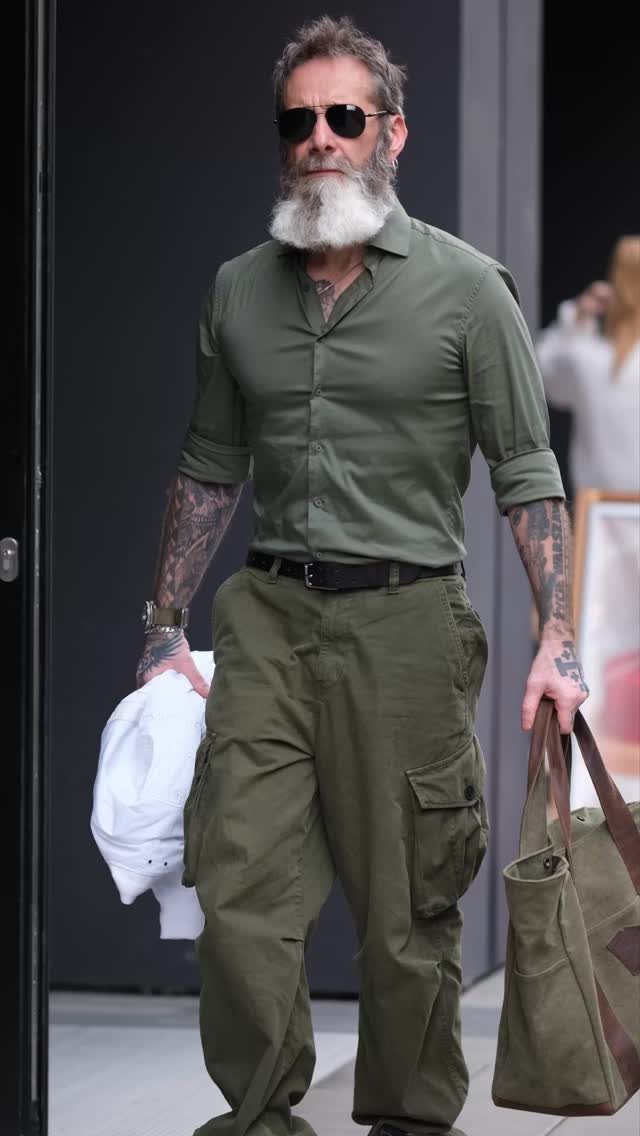 An older man with a white beard wearing olive green clothing and sunglasses walking outdoors.