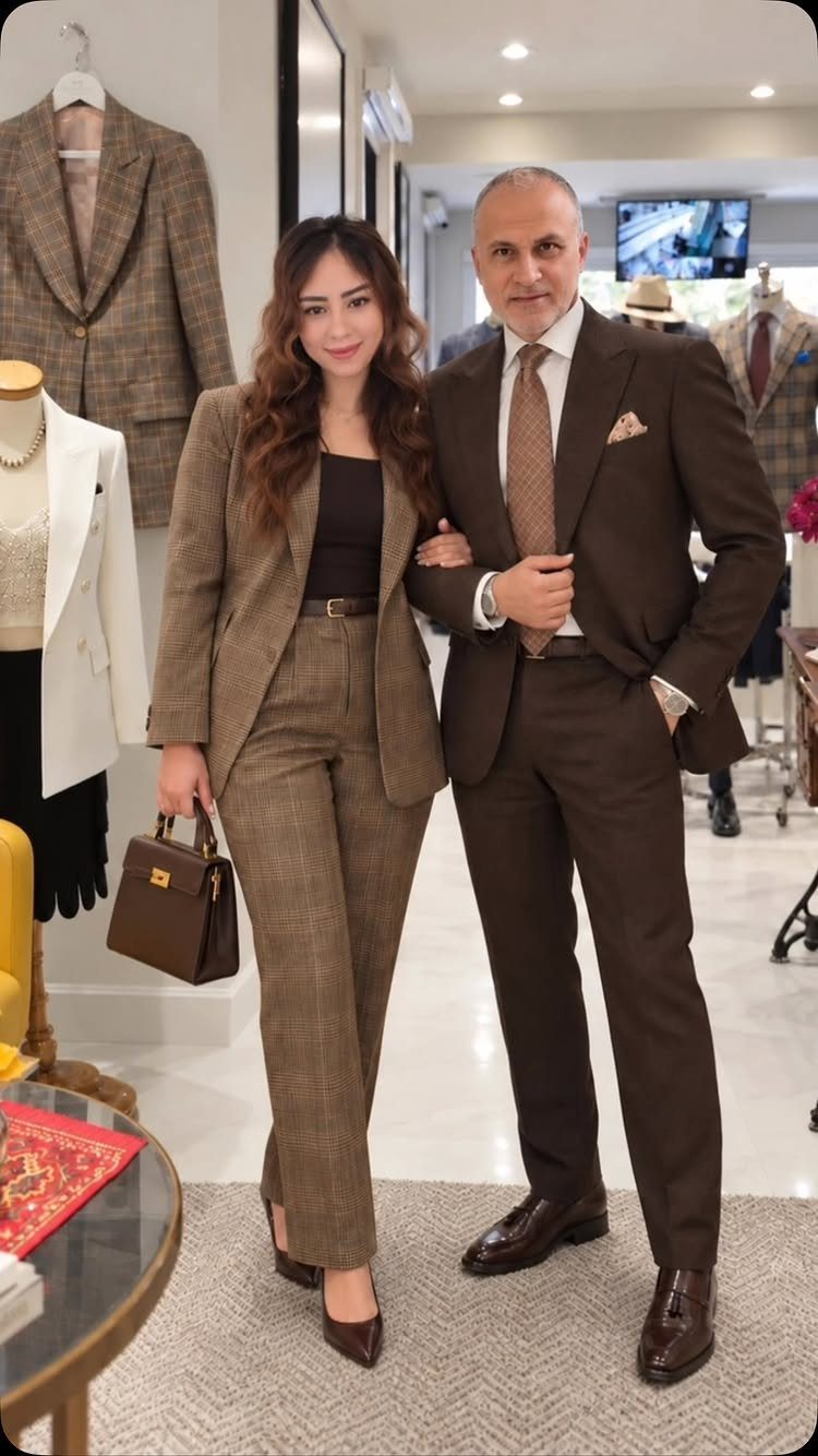 A man in a brown suit and a woman in a matching brown patterned suit posing together.