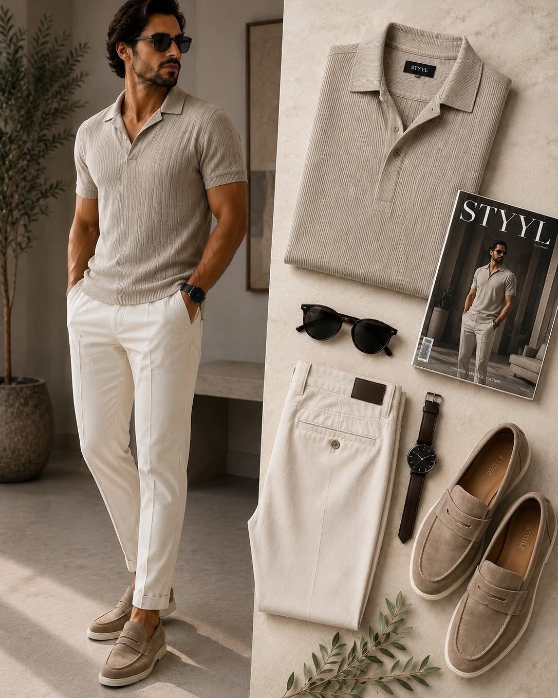 Man in neutral clothing standing beside a flat lay of matching polo, trousers, and accessories.