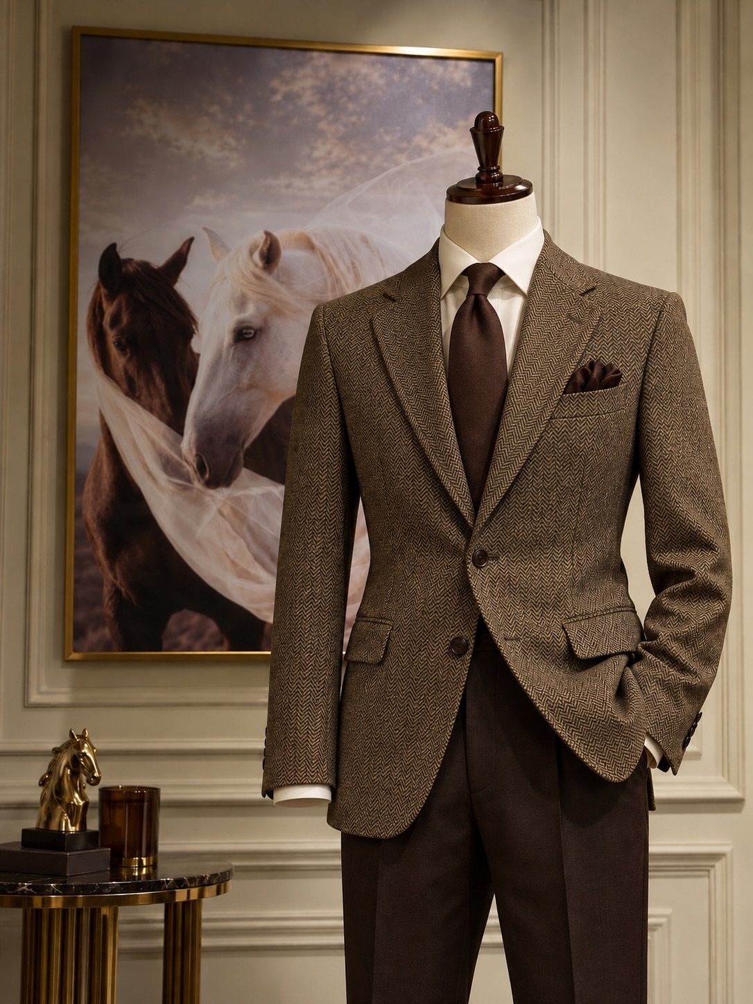 A textured brown tweed blazer on a mannequin with a white shirt and dark tie.