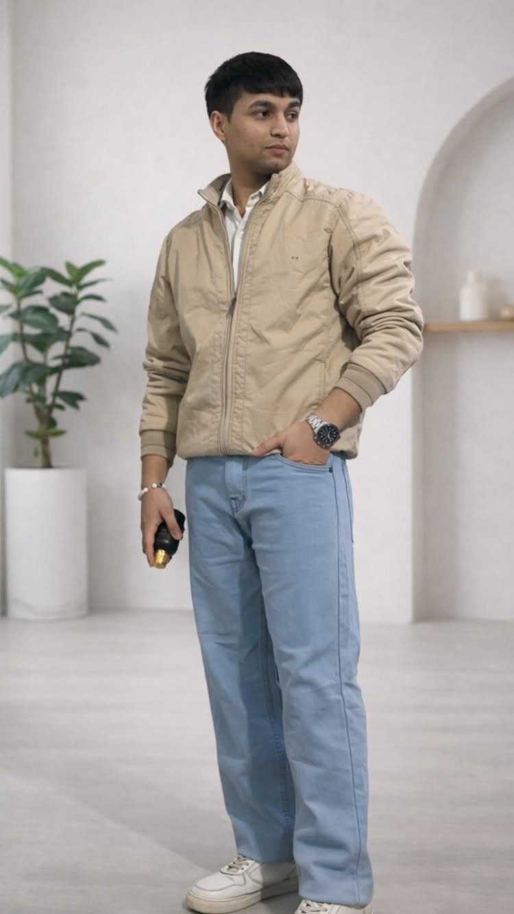 A man in a tan jacket and light blue trousers standing in a bright room.