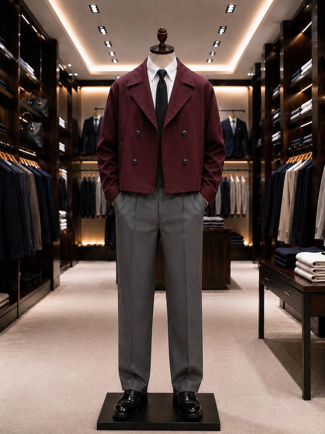 A mannequin wearing a maroon jacket and grey tailored trousers in a luxury clothing store.