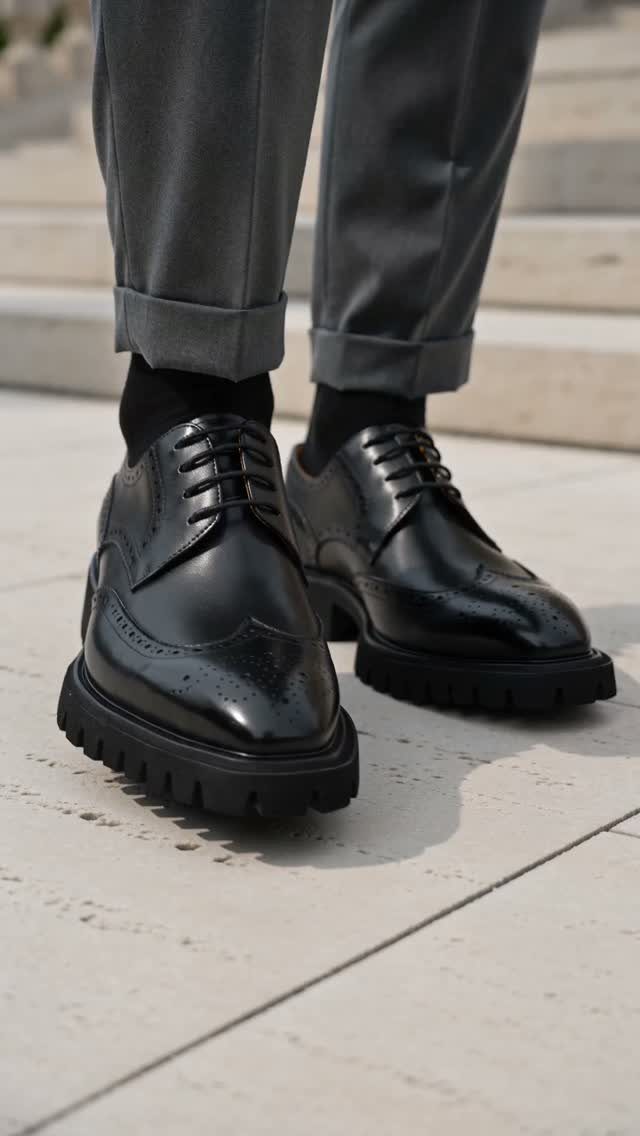 Black leather brogue shoes with chunky soles worn with grey trousers and black socks.