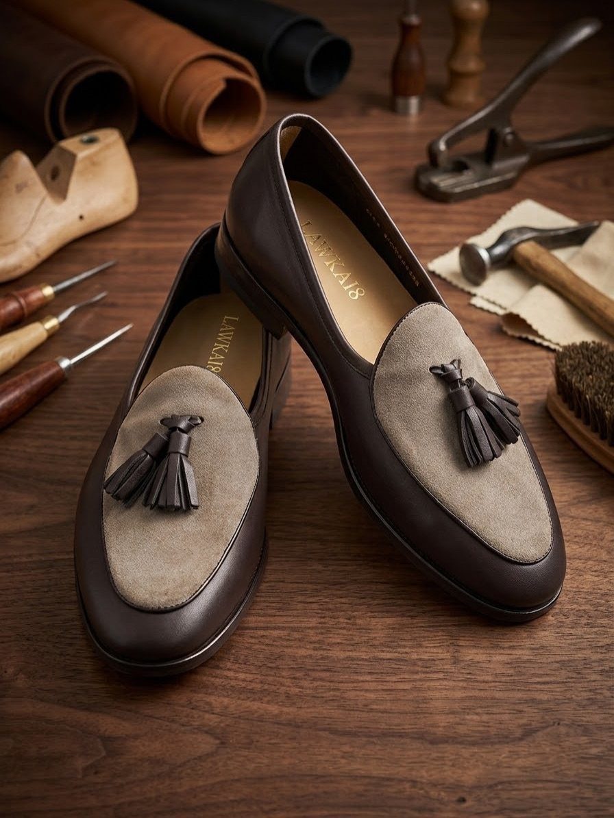 Dark brown leather loafers with grey suede panels and tassels on a wooden workbench.
