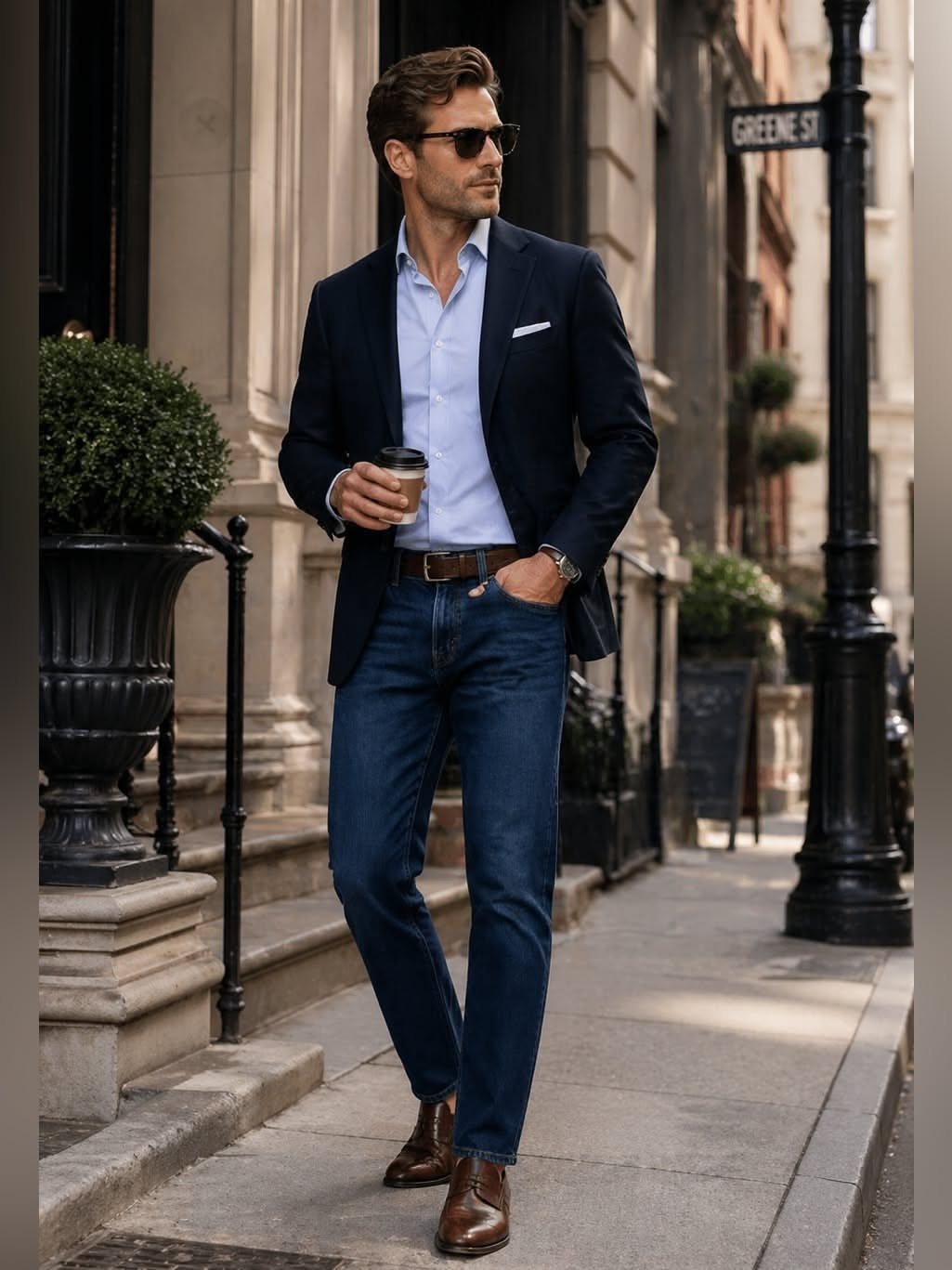 Man walking on a city street wearing a navy blazer, blue shirt, and denim jeans.