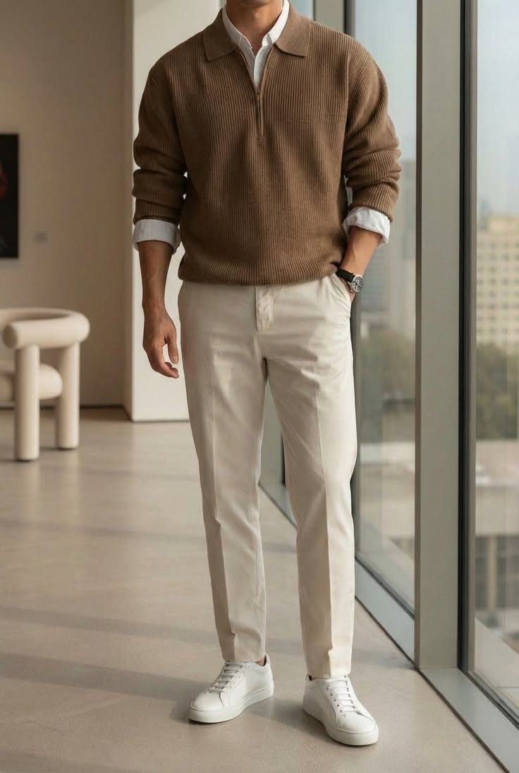 A man wearing a brown pullover, white shirt, cream trousers, and white sneakers standing indoors.