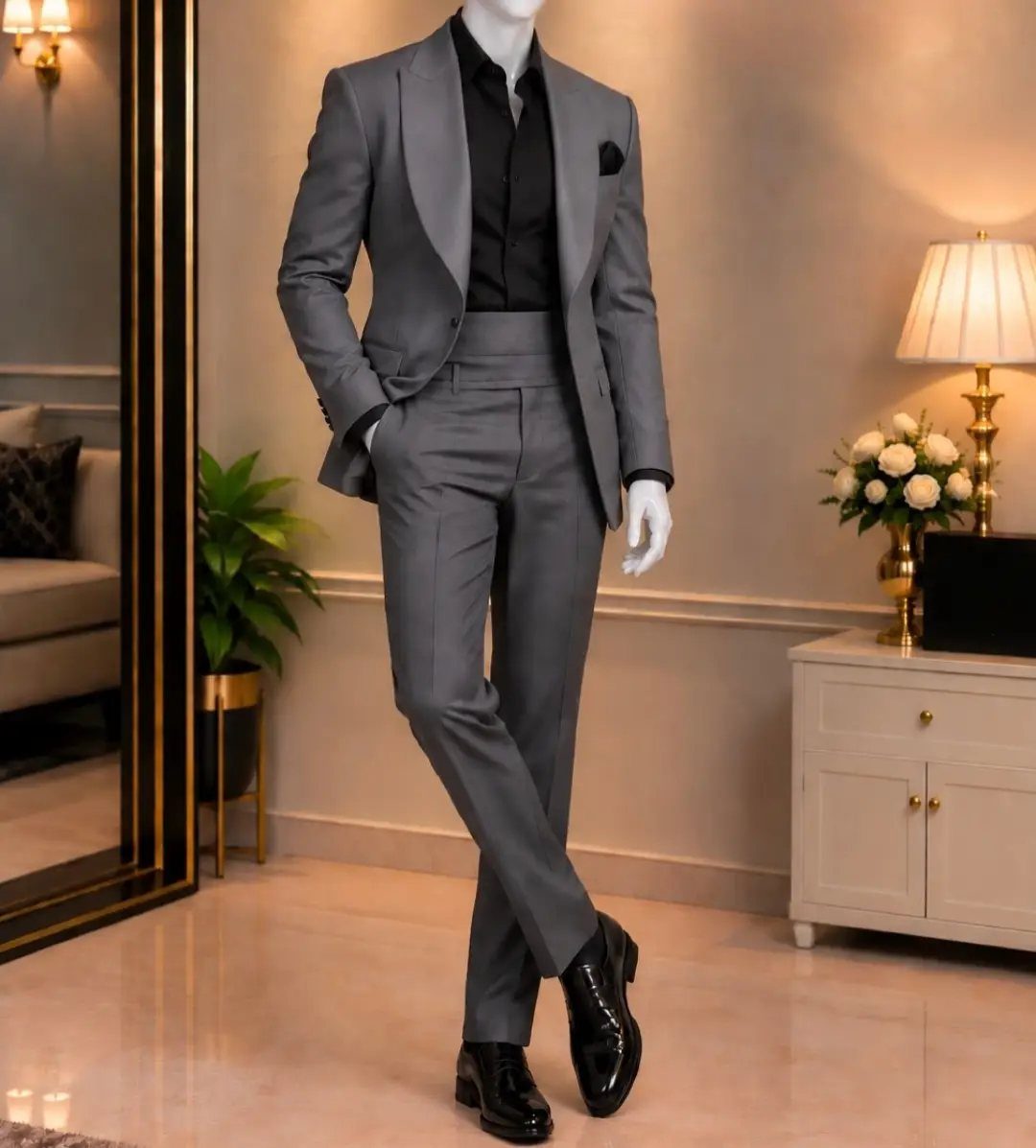 Mannequin dressed in a grey suit and black shirt standing in a luxury room.