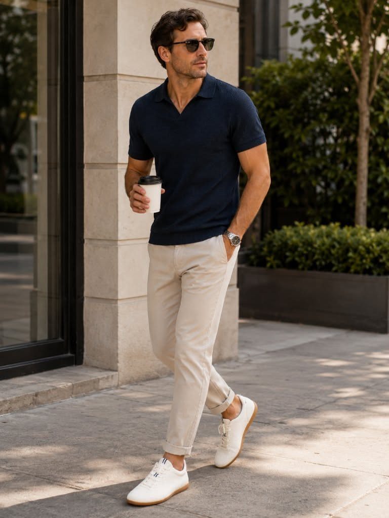 Man in navy polo and beige trousers walking while wearing white sneakers.
