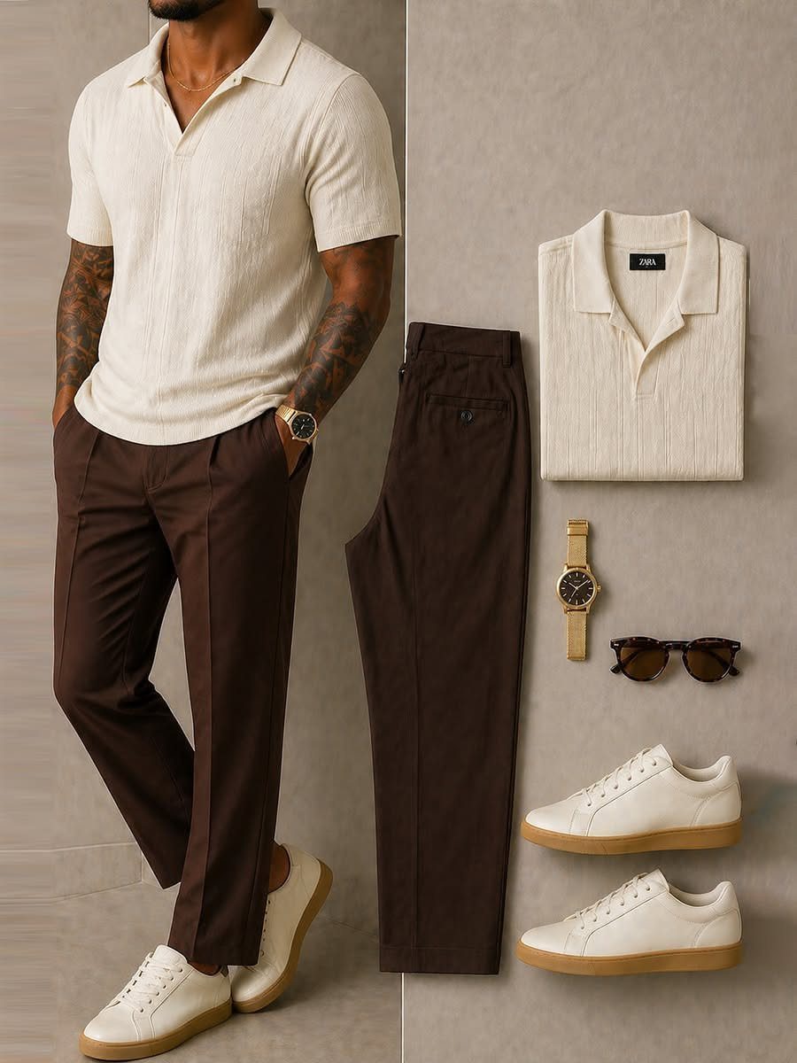 Man in cream polo and brown trousers standing beside a flat lay of matching clothing and accessories.