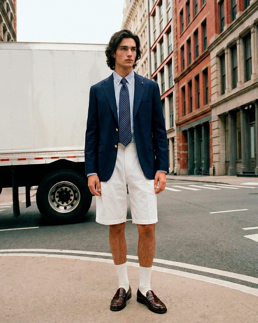 A man wearing a navy blazer, white shorts, and brown loafers standing on a city street.