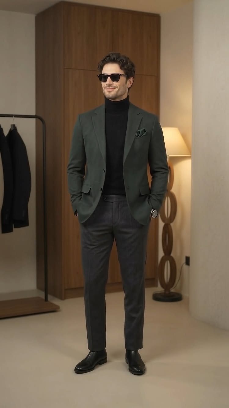 A man wearing a dark green blazer, black turtleneck, and grey trousers standing indoors.