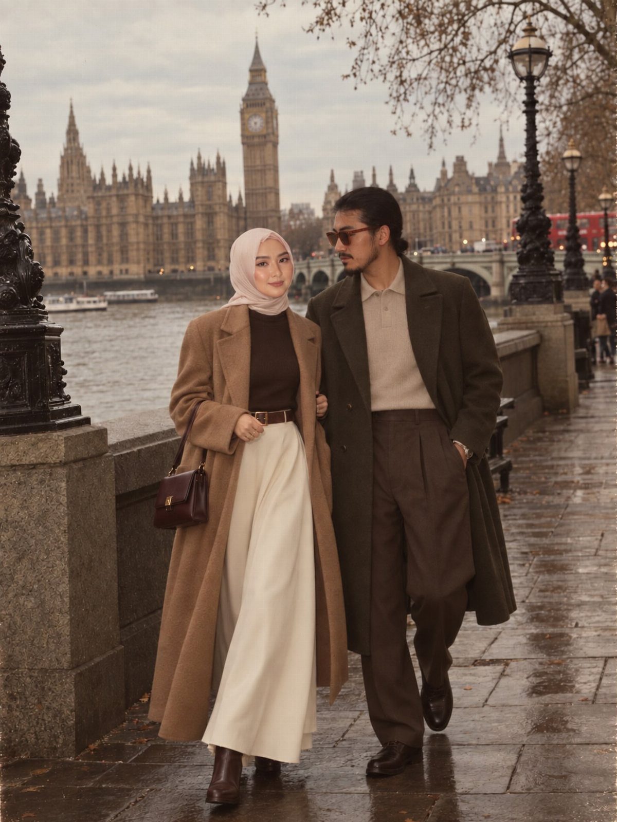A man and woman walking in London wearing stylish long winter coats and trousers.