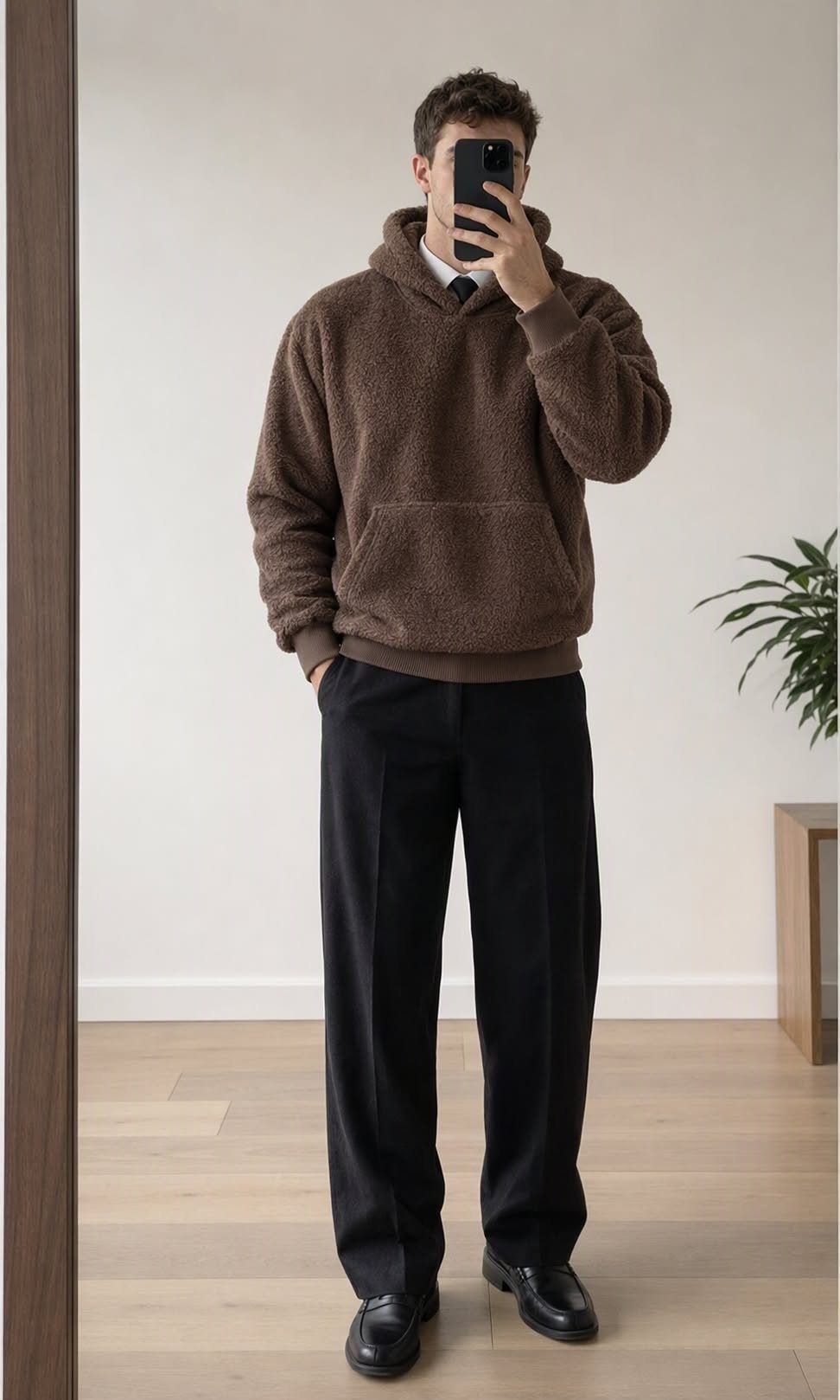 Man in a brown fleece hoodie and black trousers taking a mirror selfie.