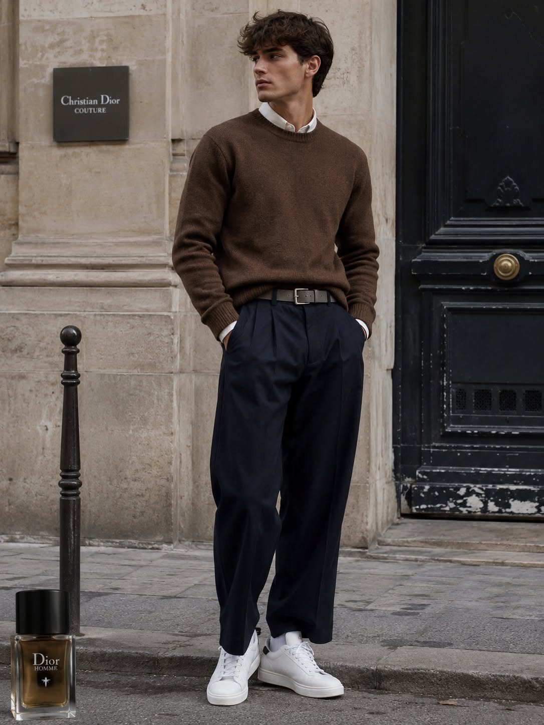 A man wearing a brown sweater, navy trousers, and white sneakers standing on a city street.