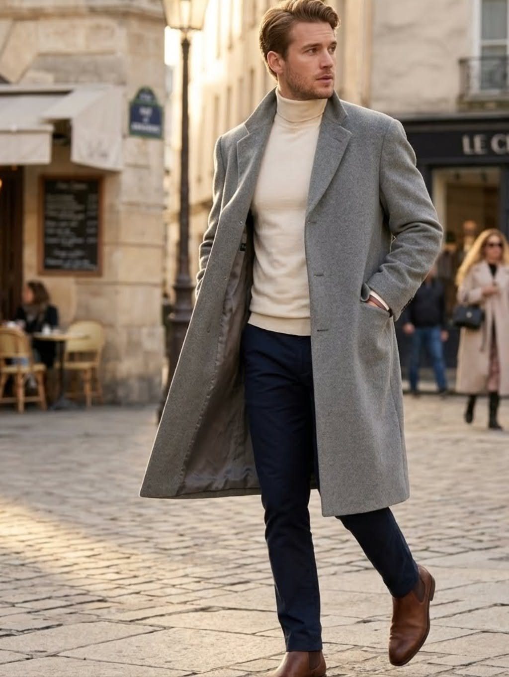 A man walking in a city wearing a grey knee-length coat and cream turtleneck.