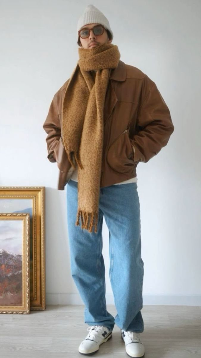 A person wearing a brown leather jacket, tan scarf, beanie, and blue jeans standing indoors.