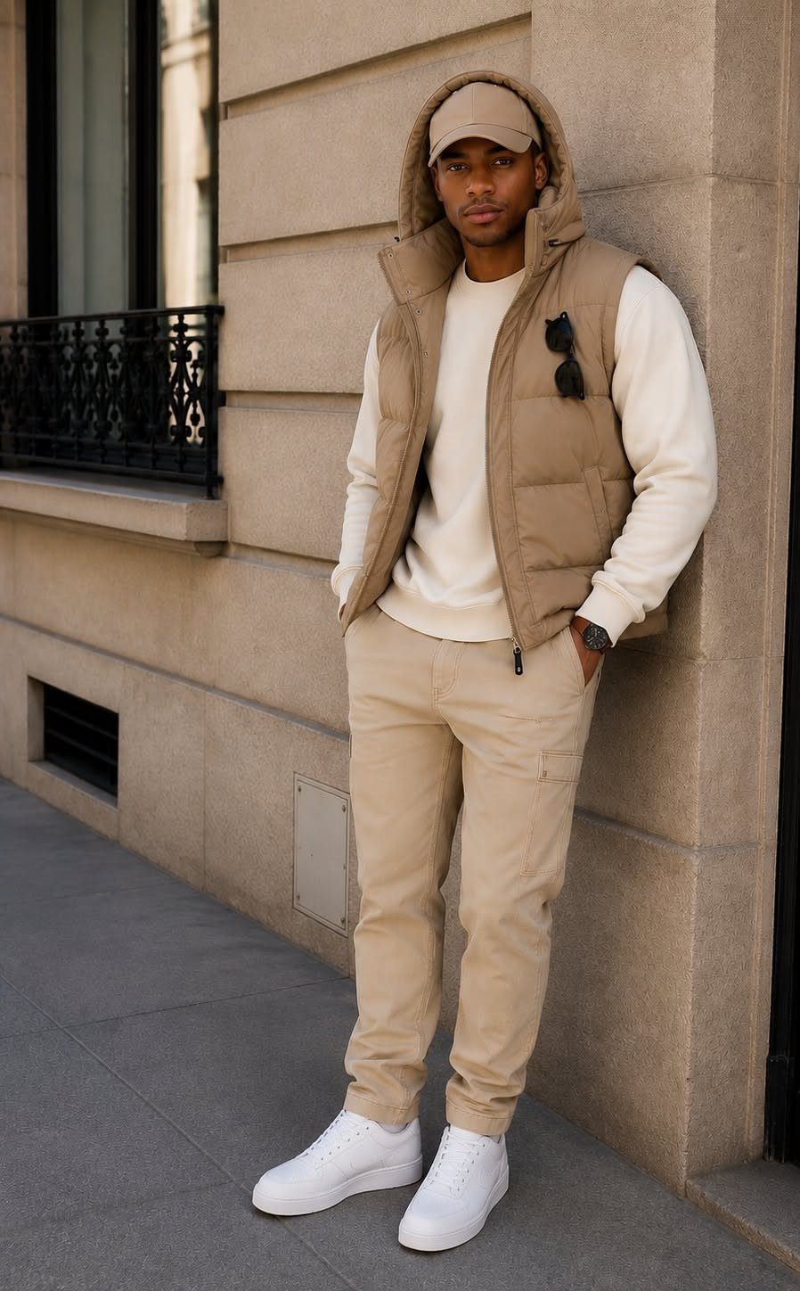 Man in neutral beige and cream winter clothing leaning against a stone wall outdoors.